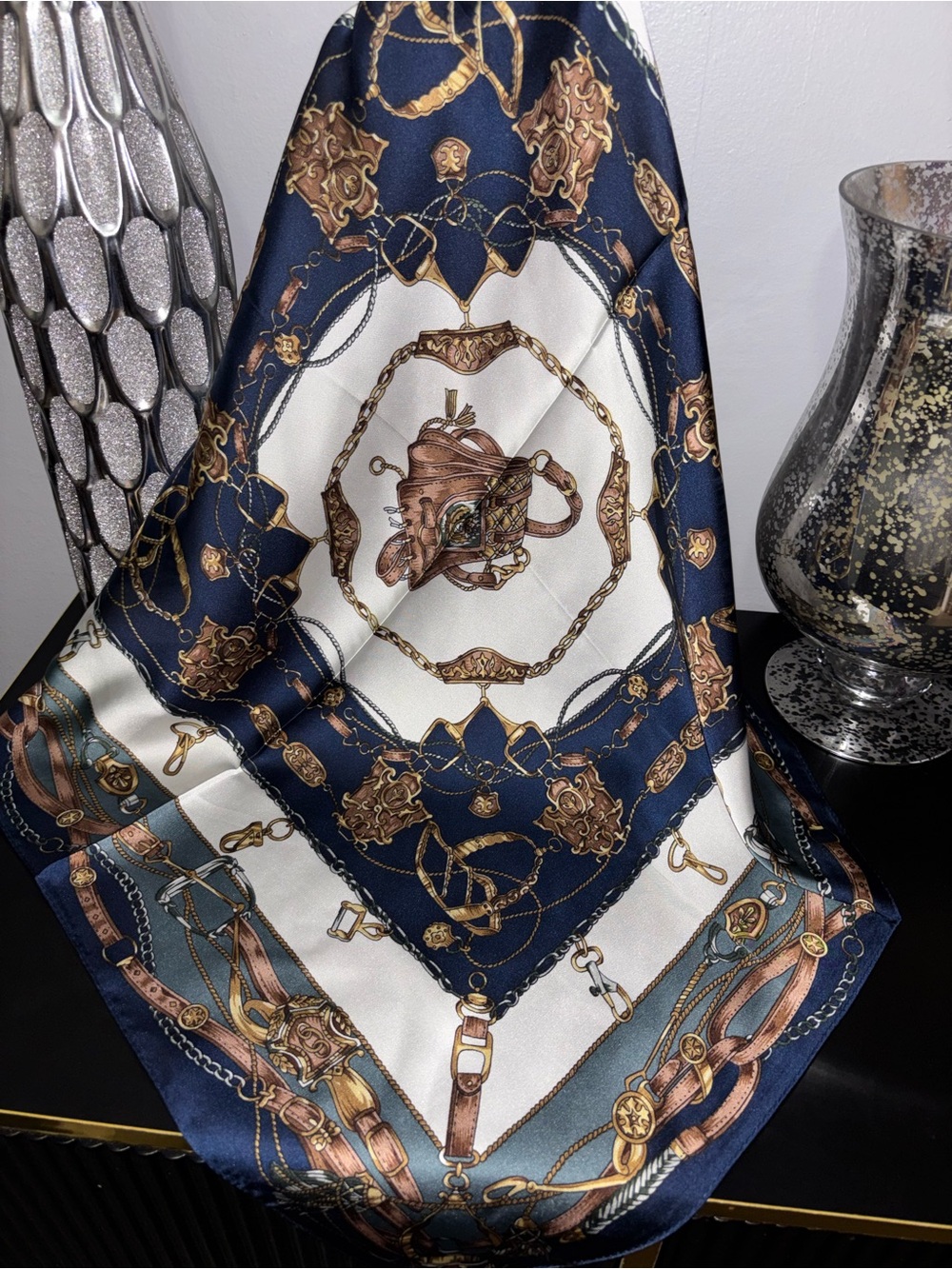 ✨Chain & Equestrian Print Silk-Feel Scarf in Navy, Cream and Tan✨
